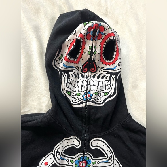 Hot Topic Black Skeleton Graphic Full Zip Hoodie Sweatshirt w Face Mask Sz Med - Picture 3 of 15